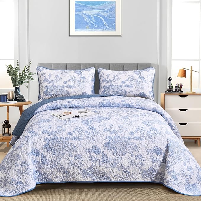 WONGS BEDDING Botanical Quilt Set California King Size, 3 Pieces Blue Toile - Image 2