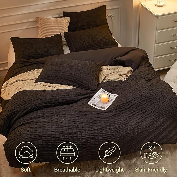 JELLYMONI Black Duvet Cover Full Size, Soft Breathable Seersucker Duvet Cover - Image 2