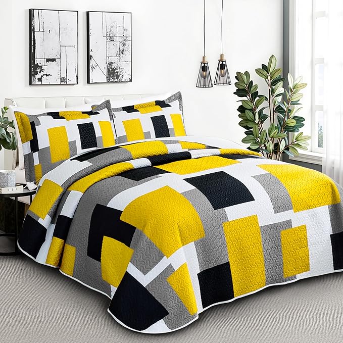 Tyrot 2 Piece Yellow Grey Quilt Set Twin Size Yellow Gray White Geometric - Image 2