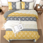 DJY Yellow Boho Quilt Set Queen Size, Striped Floral Yellow and Grey Bedspread - Image 3