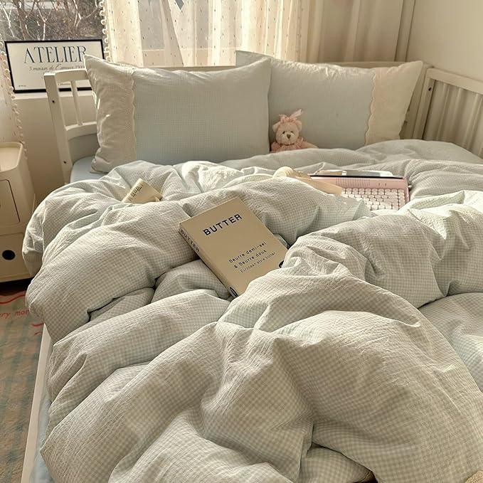 MKXI Blue Gingham Duvet Cover Set Queen Size - Image 6