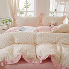 mixinni Pink Floral Duvet Cover Set King Size – 100% Cotton Ruffle Lace Bedding - Image 6