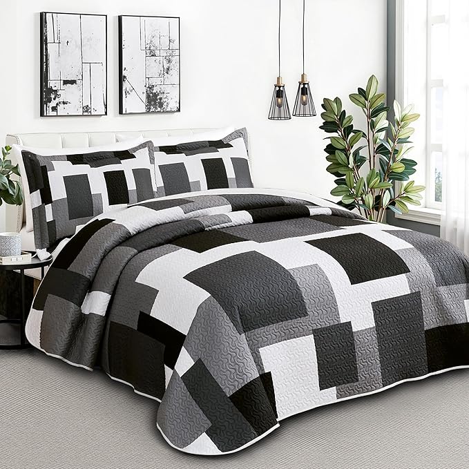 Tyrot 3 Piece Black Grey Quilt Set King Size Black White Gray Geometric - Image 2