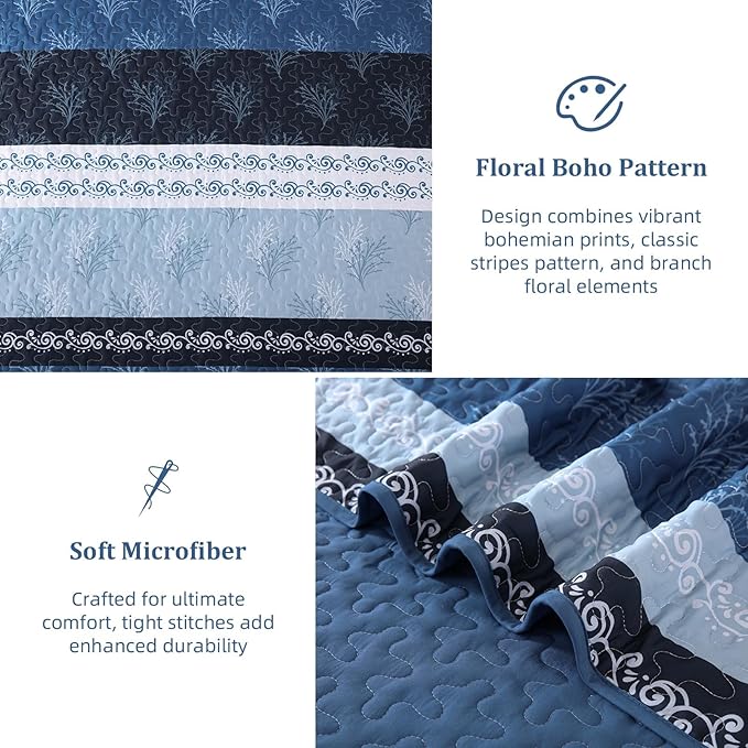 DJY Stripe Quilt Set Queen Size Blue Bedspread Coverlet Set 3 Pieces Boho - Image 6