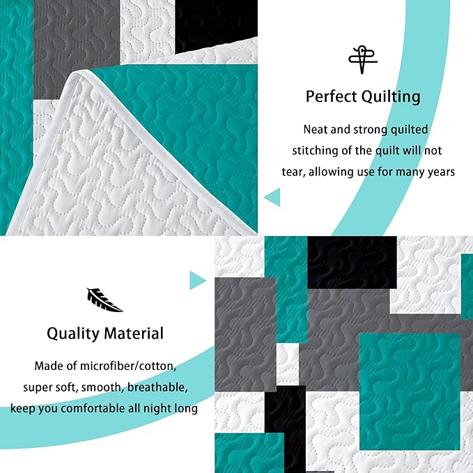 Tyrot 3 Piece Teal/Turquoise Quilt Set Full/Queen Size Black Grey Geometric - Image 4