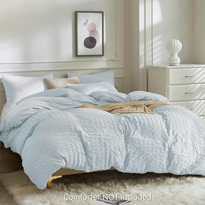 JELLYMONI Baby Blue Duvet Cover Full Size, Soft Breathable Seersucker Duvet - Image 3