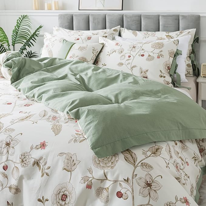 FADFAY Floral Bedding Set King/Cal King 100% Cotton Shabby and Chic Beige Green - Image 9