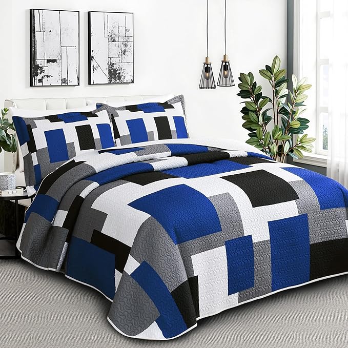 Tyrot 2 Piece Blue White Grey Quilt Set Twin Size Black White Geometric - Image 2