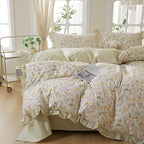 mixinni 100% Cotton Duvet Cover Set Twin, Reversible Spring Floral Ruffle Green by mixinni