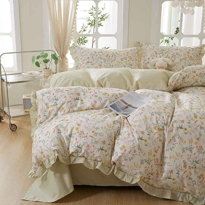 mixinni 100% Cotton Duvet Cover Set Full, Reversible Spring Floral Ruffle Green by mixinni