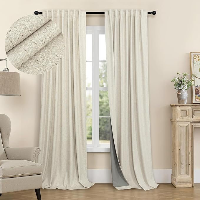 Short Linen Blackout Curtains for Bay Windows 48 Inch Length Bedroom Living by Pitalk