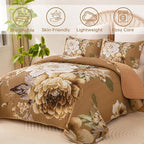 WONGS BEDDING Brown Floral Quilt Set King, 3 Pieces Reversible Lightweight - Image 2