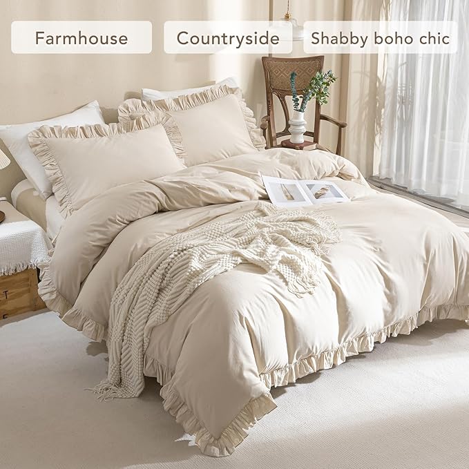 QSH Washed Cotton Duvet Cover King Ruffle Duvet Cover Linen Feel Textured - Image 4