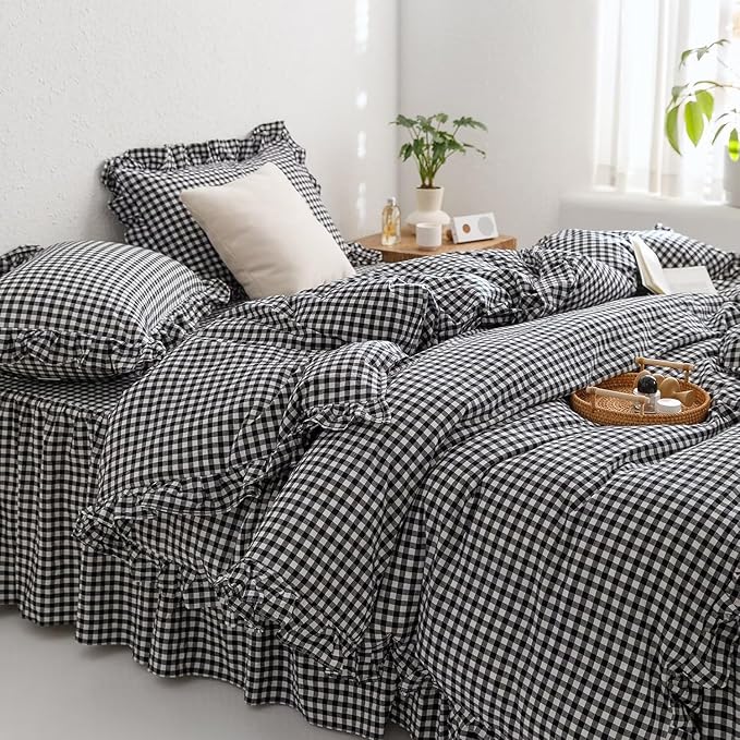 MKXI Black and White Gingham Duvet Cover Full, 3-Piece Ruffled Bedding Set by MKXI