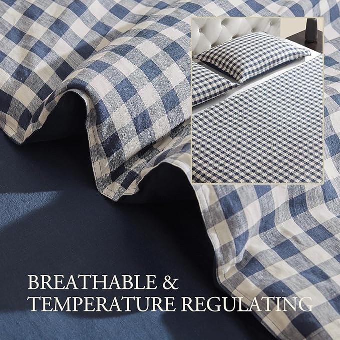 DAPU Linen Duvet Cover King, Yarn Dyed Gingham Check Plaid 100% Washed Linen - Image 4