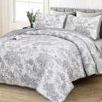 WONGS BEDDING Grey Quilt Set Queen Size, 3 Pieces Botanical Bedspreads Set by WONGSBEDDING