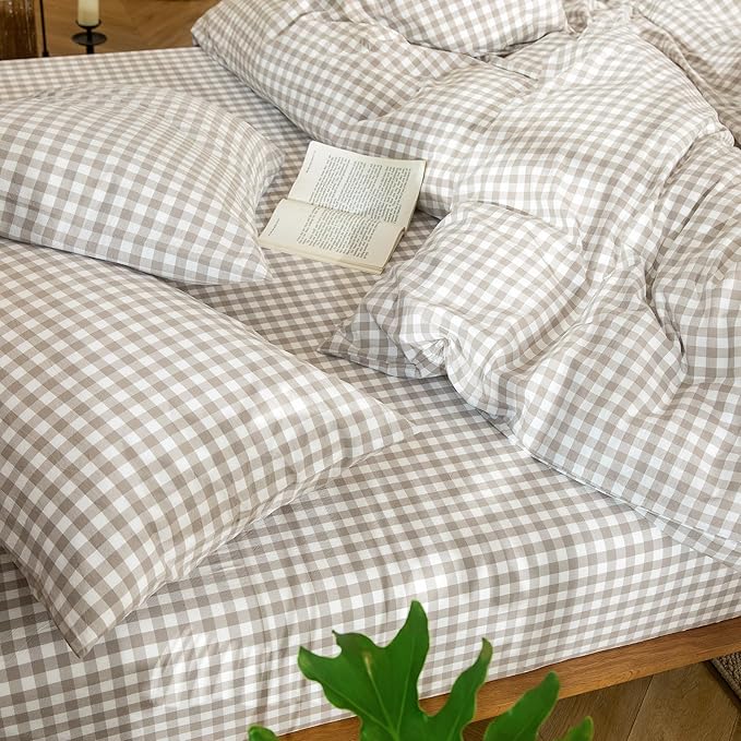 MooMee Gingham Duvet Cover Set 100% Washed Cotton Linen Like Textured - Image 8
