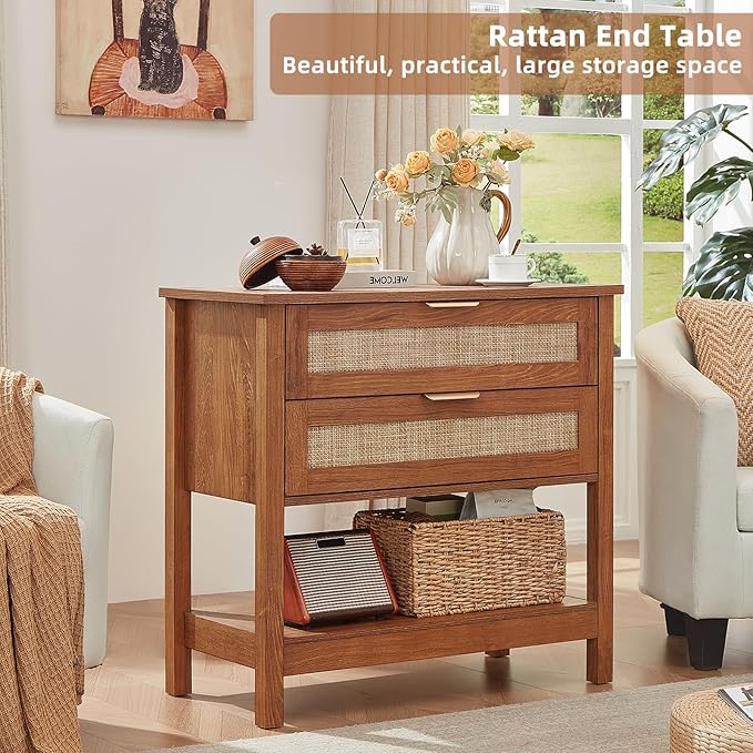LEYAOYAO 31.5" Wide Rattan Night Stand, Large Boho Nightstand, Bedside Table - Image 3