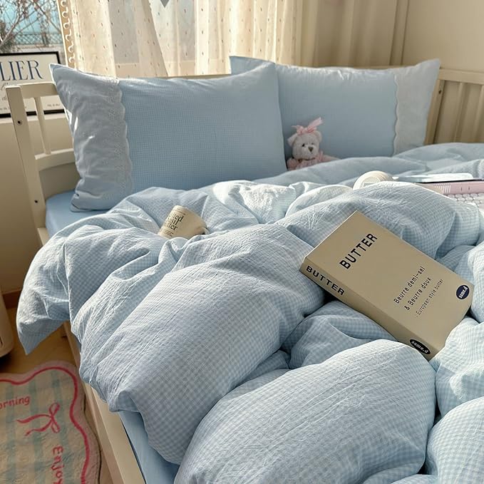 mixinni Blue White Gingham Duvet Cover Twin XL Size by mixinni