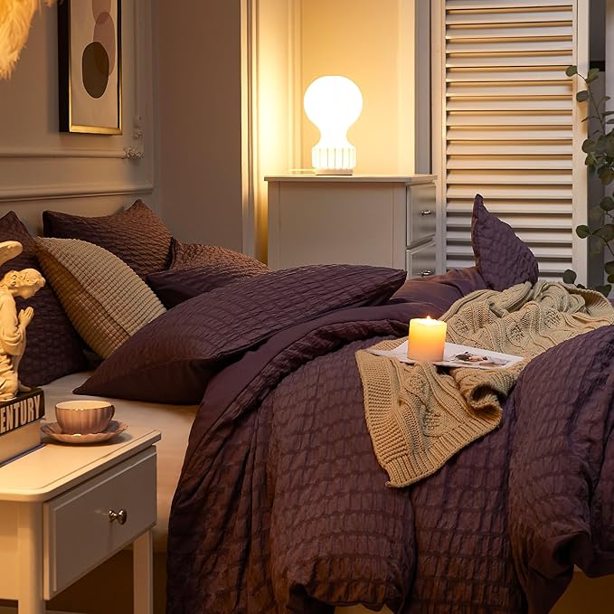 JELLYMONI Purple Duvet Cover Queen Size, Soft Breathable Seersucker Duvet Cover - Image 7