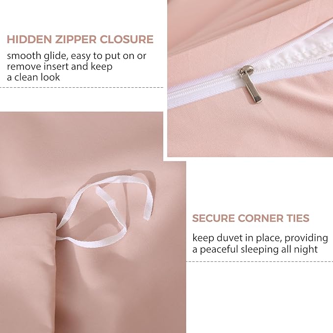 JSD Dusty Pink Duvet Cover Set Queen Size, 3 Piece Duvet Cover - Image 3