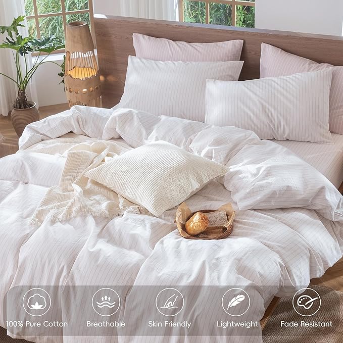 MooMee Striped Duvet Cover Set 100% Washed Cotton Linen Like Textured - Image 4