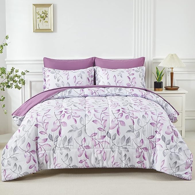 Yogeneg Botanical Comforter Set Queen Size 7 PCS Bed in a Bag, Soft Microfiber by YOGENEG