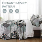 Xruibed Floral Plaid Patchwork Quilt Set King Size 3 Pieces Blue Gray Bedspread - Image 4