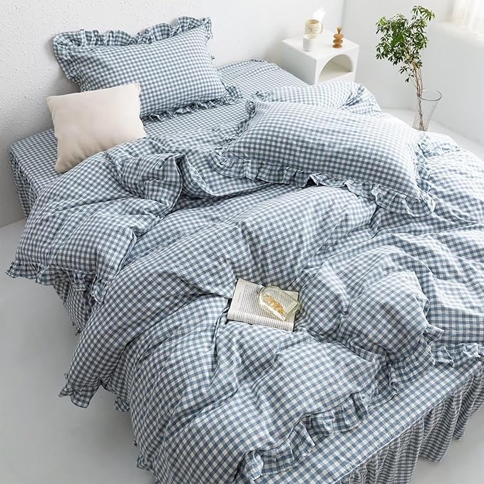 MKXI Blue and White Gingham Duvet Cover Full Size, 3-Piece Bedding Set - Image 4