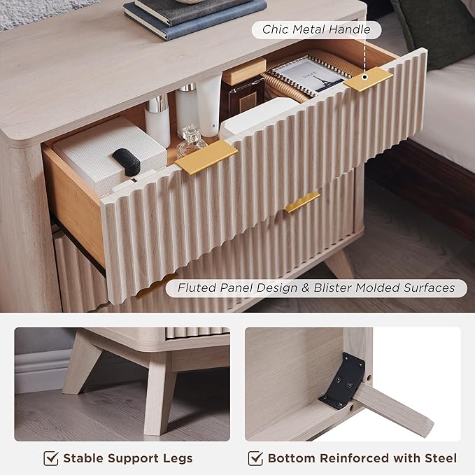 T4TREAM Fluted 3 Drawers Nightstand Set of 2, Oversized Extra Large Modern Side - Image 6