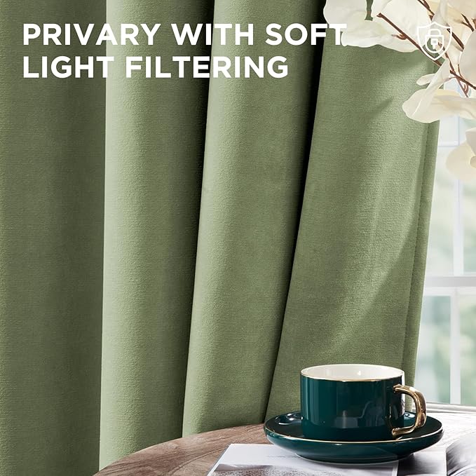 Joydeco Coconut Green Velvet Curtains 108 Inches 2 Panels, Luxury Thermal - Image 6
