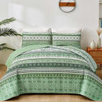 WONGS BEDDING Boho King Quilt Set, Light Green Bohemian Quilt Bedding Set by WONGSBEDDING