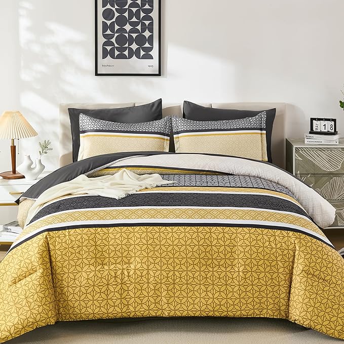 WONGS BEDDING Yellow Grey King Comforter Set 7 Pieces, Boho Striped Bed in a - Image 2