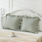 2 Pack Sage Green White Plaid Ruffle Euro Shams Pillow Covers 26x26 inches - Image 2