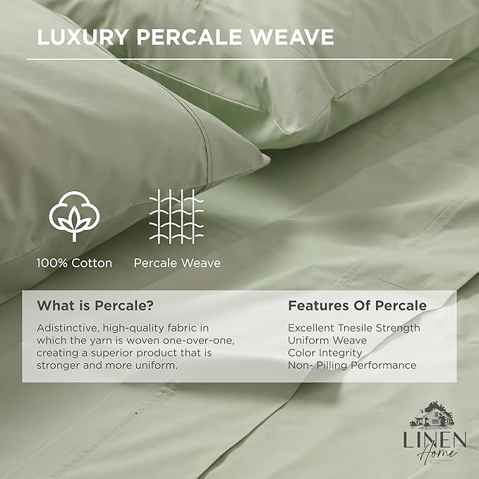 Linen Home 100% Cotton Percale Weave Fitted Sheet, Twin Size, 1 Deep Pocket - Image 2