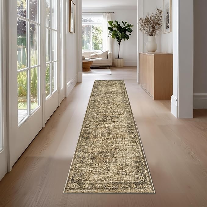 FMFUNCTEX 2x12 Runner Rug Brown Washable Vintage Neutral Distressed Non Slip by Fmfunctex