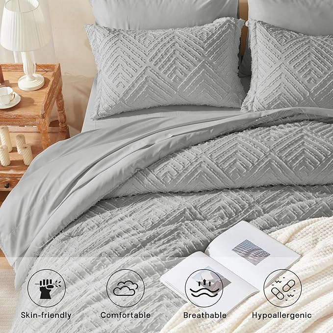 Zzlpp Twin Comforter Set 5 Pieces, Light Grey Tufted Bed in a Bag - Image 3