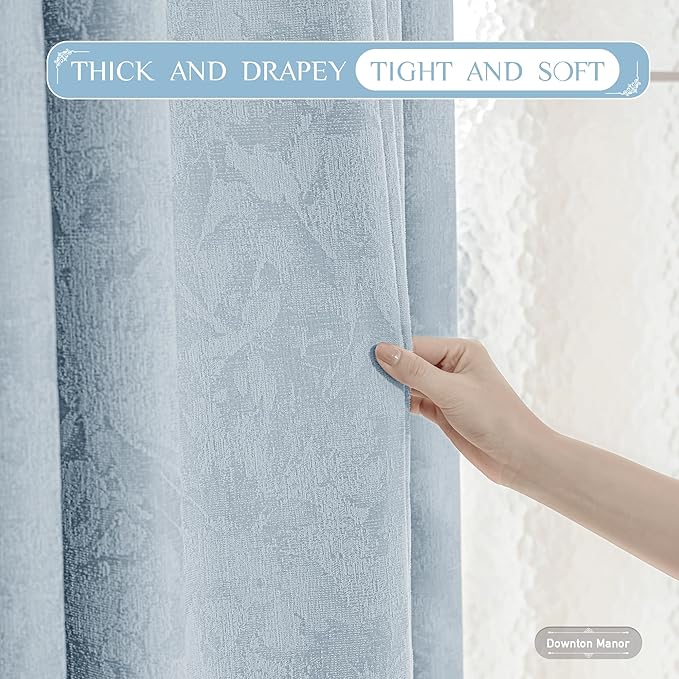 Beauoop Blue Floral Jacquard Blackout Curtains 63 Inches Long 2 Panels - Image 6