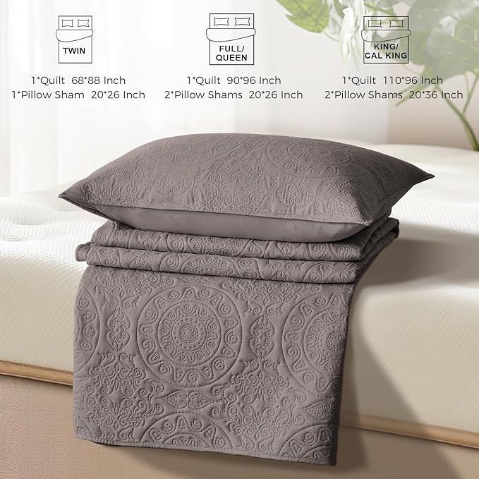 WURUIBO Dark Gray Quilt Set King/Cal King Size, Embossing Microfiber Bedspreads - Image 7