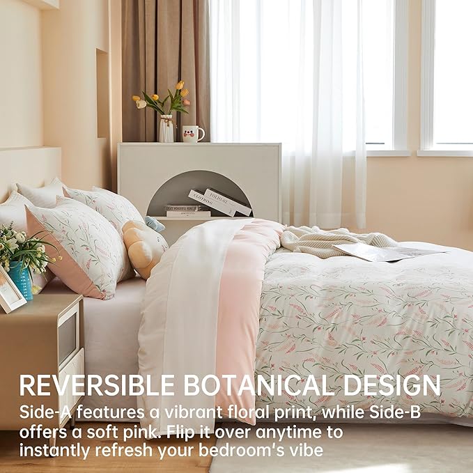 BOLINLIVING Pink Floral Duvet Cover Full Size, Reversible Botanical Spring - Image 2