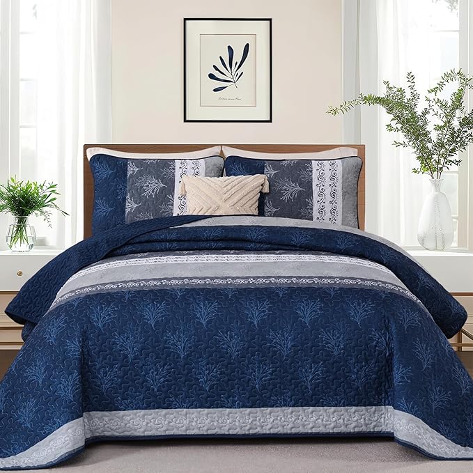 DJY Stripe Quilt Set King Size Navy Blue Bedspread Coverlet Set 3 Pieces Boho - Image 2