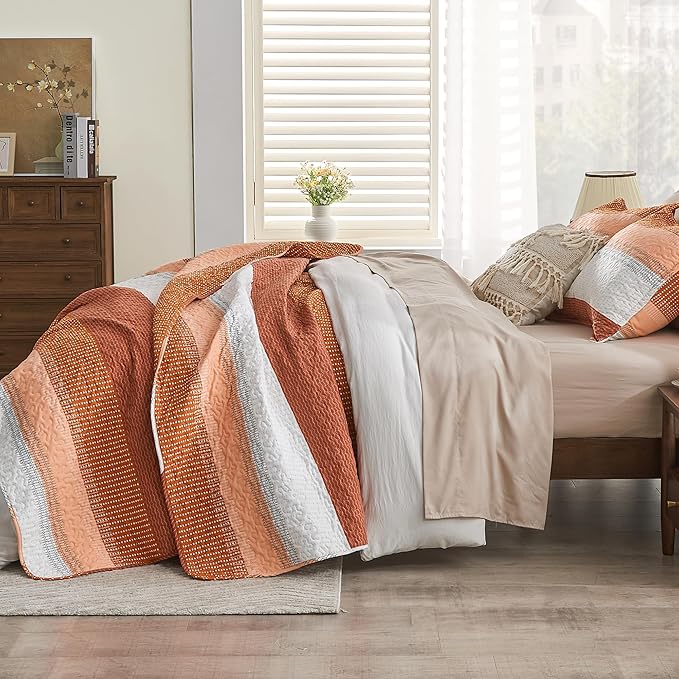 Andency Orange Quilt Queen, 3 Pieces Patchwork Striped Bedspread Coverlet Set - Image 2