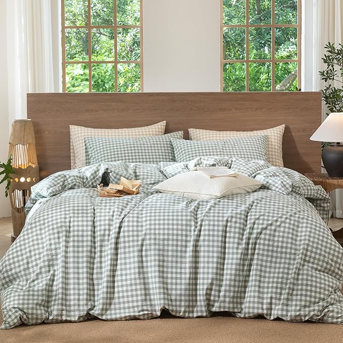 MooMee Gingham Duvet Cover Set 100% Washed Cotton Linen Like Textured by MOOMEE