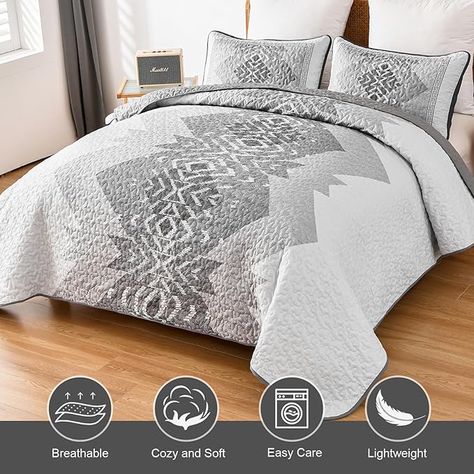 Boho Quilt Set King Size 3 Pieces Grey Aztec King Quilt Set Bohemian Bedspread - Image 3