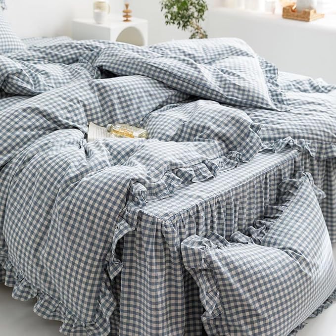 MKXI Blue and White Gingham Duvet Cover King Size, 3-Piece Bedding Set - Image 6