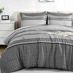 WONGS BEDDING Grey Comforter Set Queen Size, 7 Pieces Striped Bed in a Bag by WONGSBEDDING