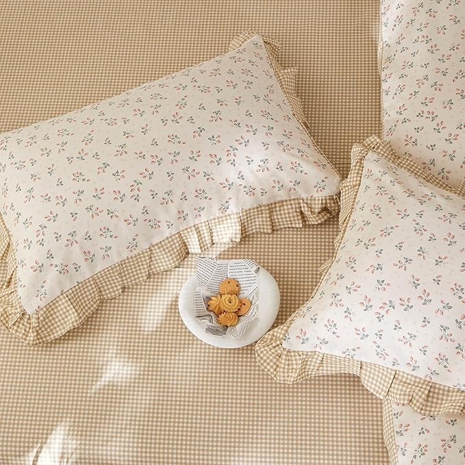 mixinni Beige Floral Duvet Cover Twin XL Size, 100% Cotton Cute Strawberry - Image 6