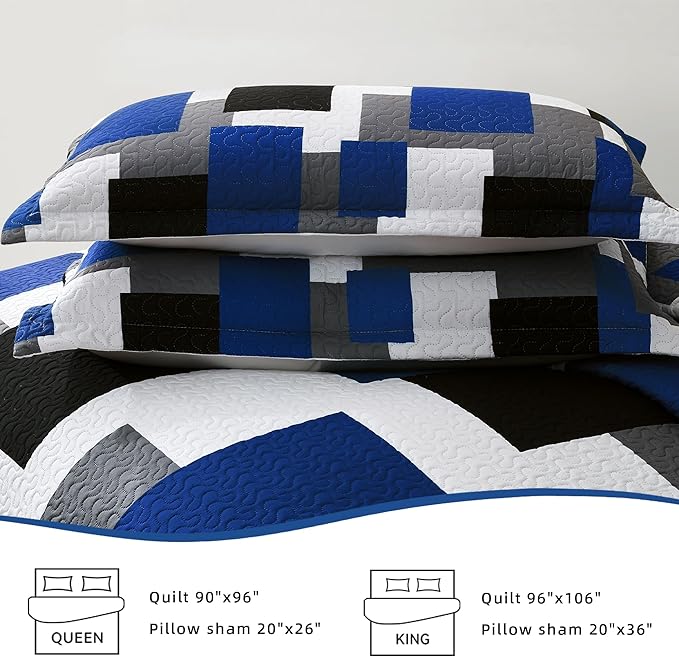 Tyrot 3 Piece Blue White Grey Quilt Set Full/Queen Size Black White Geometric - Image 7