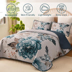 WONGS BEDDING Aqua Floral Quilt Set King, 3 Pieces Reversible Lightweight - Image 2