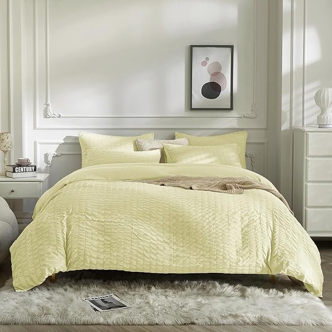 JELLYMONI Light Yellow Duvet Cover King Size, Soft Breathable Seersucker Duvet - Image 9